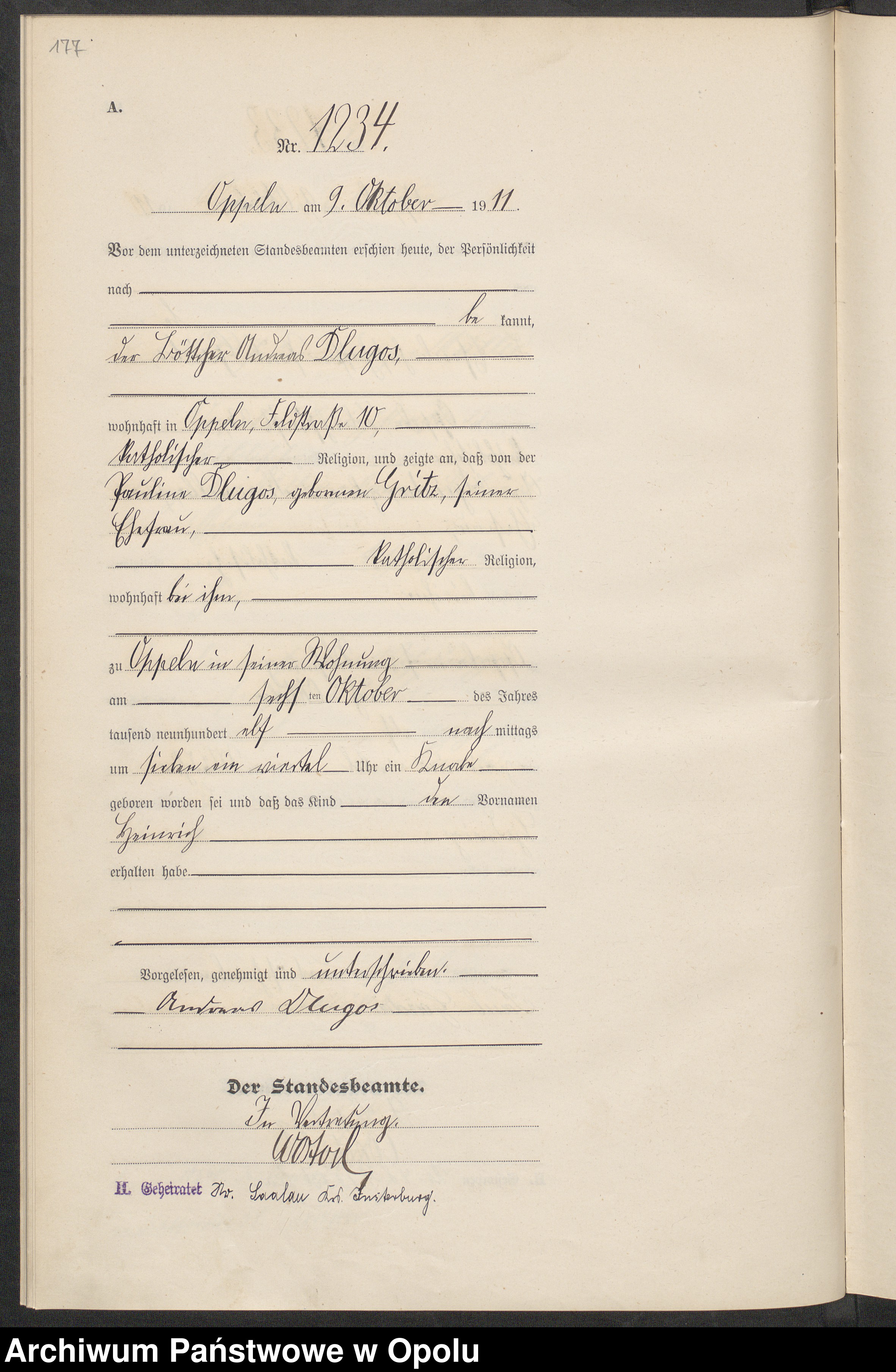 Skan z jednostki: Urząd Stanu Cywilnego Opole Księga Urodzeń Rok 1911  1058-1570