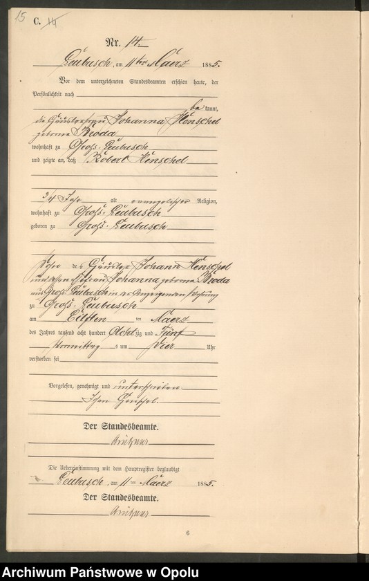 image.from.unit.number "Sterbe-Neben-Register Standes-Amt Leubusch 1885"