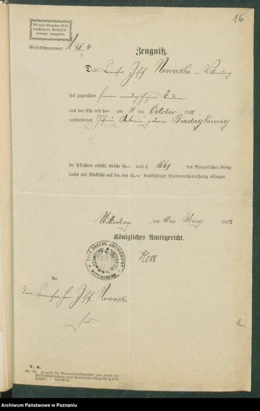 Obraz 18 z jednostki "[Dokumenty dostarczone przez narzeczonych do zawarcia związku małżeńskiego za 1902 rok. Tom V]"