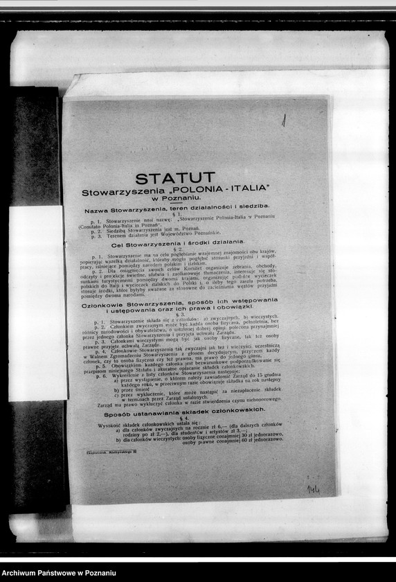 Obraz 5 z jednostki "Stowarzyszenie "Polonia- Italia" w Poznaniu: a/ dokumenty dotyczące założenia Towarzystwa /statut i inne/, b/ sprawozdania roczne z działalności i protokoły zebrań, c/ korespondencja różna, d/ listy członków, e/ druki, afisze"