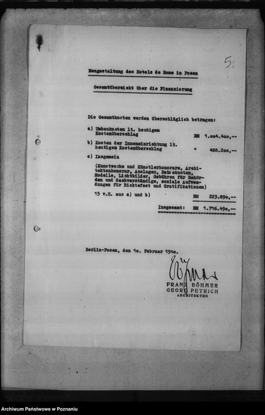 Obraz 9 z jednostki "Umbauten des Hotels de Rome in Posen, des Deutschen Schlosses, des Erholungsheimes der Reichsstatthalterei in Strohfelde, der Gauhalle und des Gauhotels"