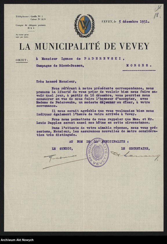 Obraz 20 z jednostki "Municiapalité de Vevey; Załączniki: a) zaproszenia; b) wycinek prasowy; c) 2 fotografie Bulwaru I. J. Paderewskiego; L.19 (odpowiedzi - rękopisy)"