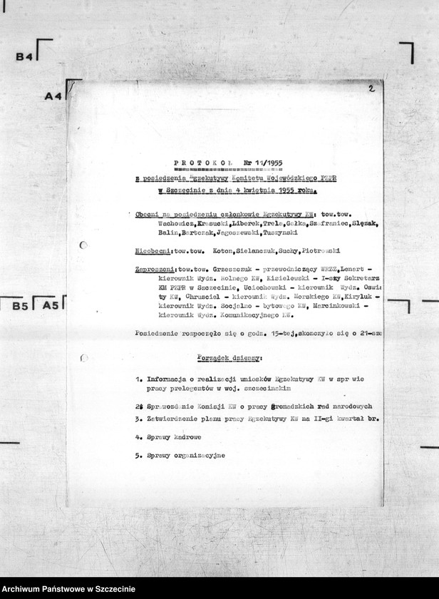 Obraz 6 z jednostki "Protokoły posiedzeń Egzekutywy Komitetu Wojewódzkiego Polskiej Zjednoczonej Partii Robotniczej: 4, 13, 26 kwietnia 1955 r."