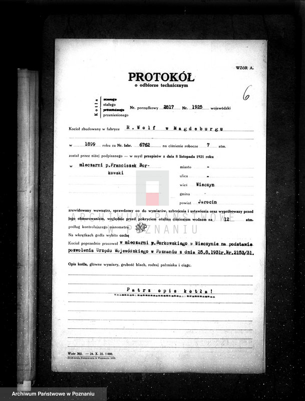 Obraz 10 z jednostki "Mleczarnia w Wieczynie pow. jarociński nr fabr kotła 6762, nr woj. kotła 1925"