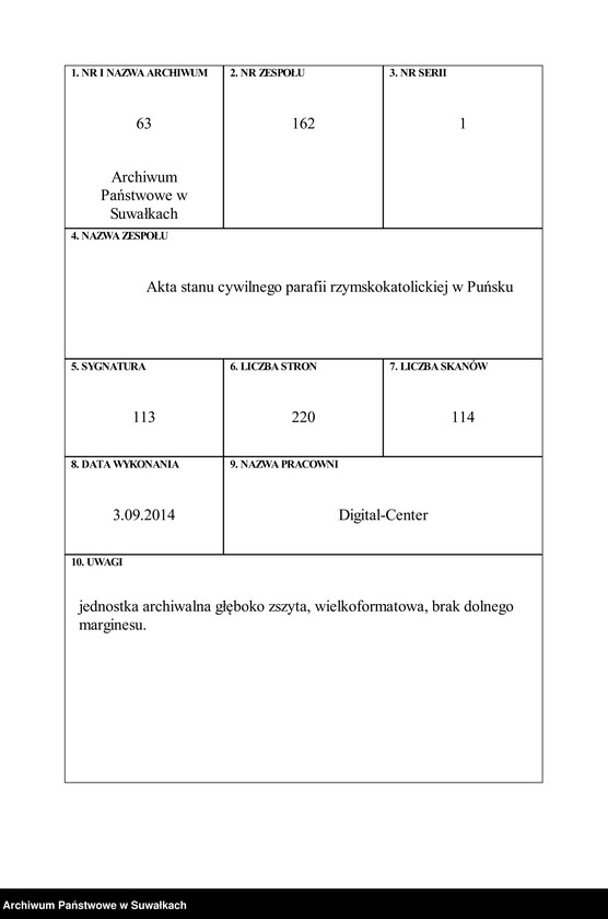 Obraz 1 z jednostki "[Księga akt urodzeń, małżeństw i zgonów parafii rzymskokatolickiej w Puńsku]"