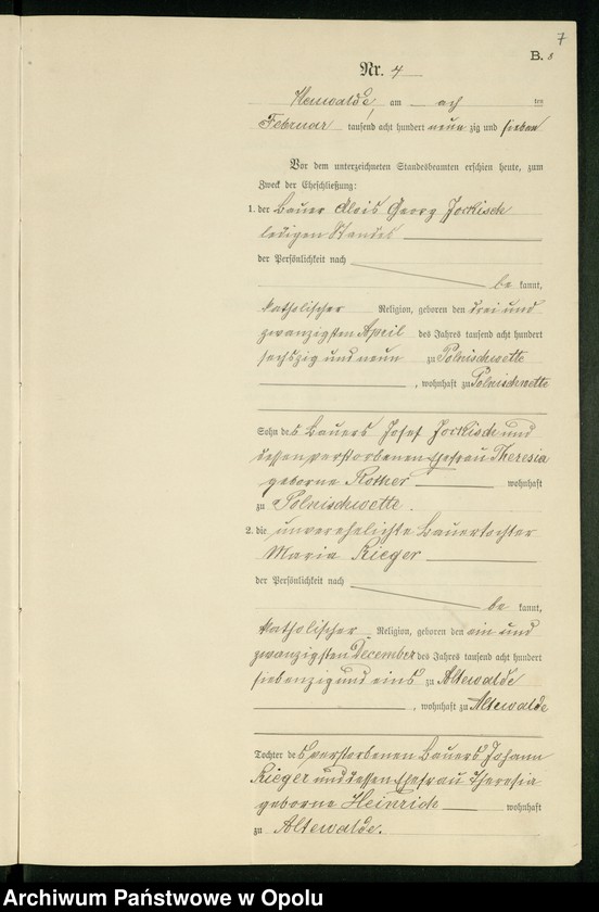 Obraz 11 z jednostki "Heiraths-Neben-Register des Standesamts Altewalde pro 1897"
