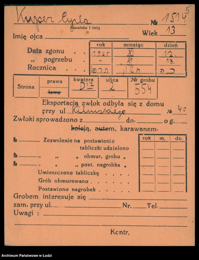 Obraz 6 z jednostki "Kartoteka osób pochowanych na cmentarzu żydowskim przy ulicy Brackiej w latach 1892-1956. Nazwiska na litery: Kup-Kz"