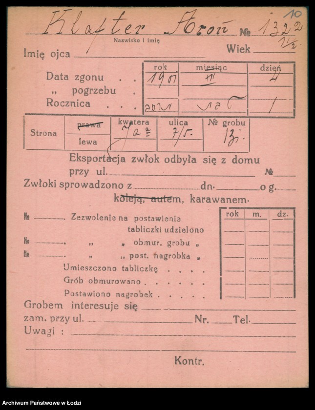 Obraz 11 z jednostki "Kartoteka osób pochowanych na cmentarzu żydowskim przy ulicy Brackiej w latach 1892-1959. Nazwiska na litery: Kl-Kn"