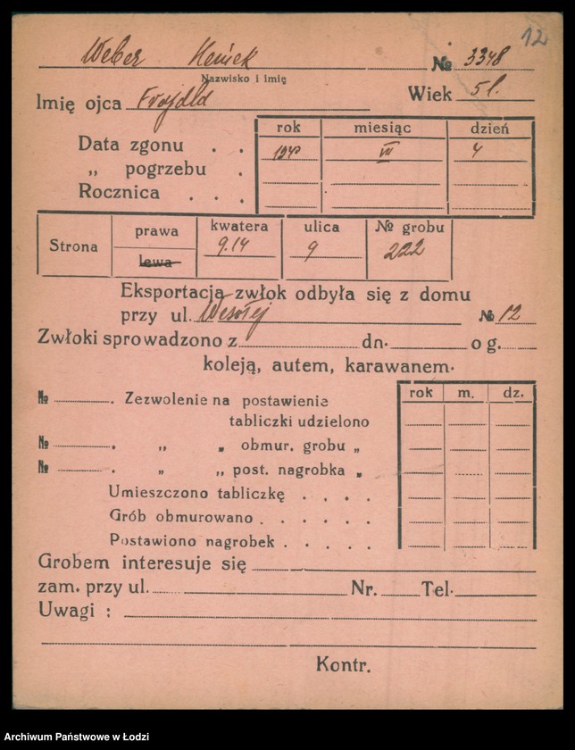 Obraz 13 z jednostki "Kartoteka osób pochowanych na cmentarzu żydowskim przy ulicy Brackiej w latach 1892-1957. Nazwiska na litery: Wd-Wis"