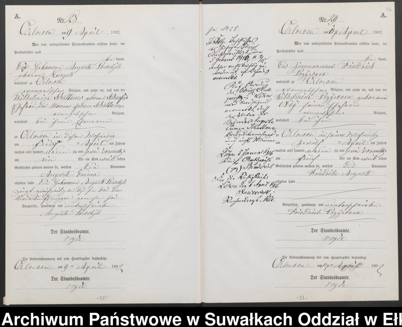 image.from.unit.number "Geburts-Neben-Register des Preussischen Standes-Amtes Orlowen Kreis Loetzen für das Jahr 1892"