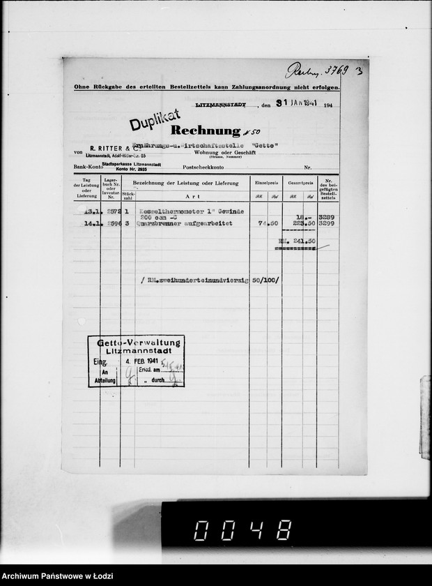 Obraz 6 z jednostki "Ritter et Co.Rechnungen [za dostawy towarów dla Getta]"