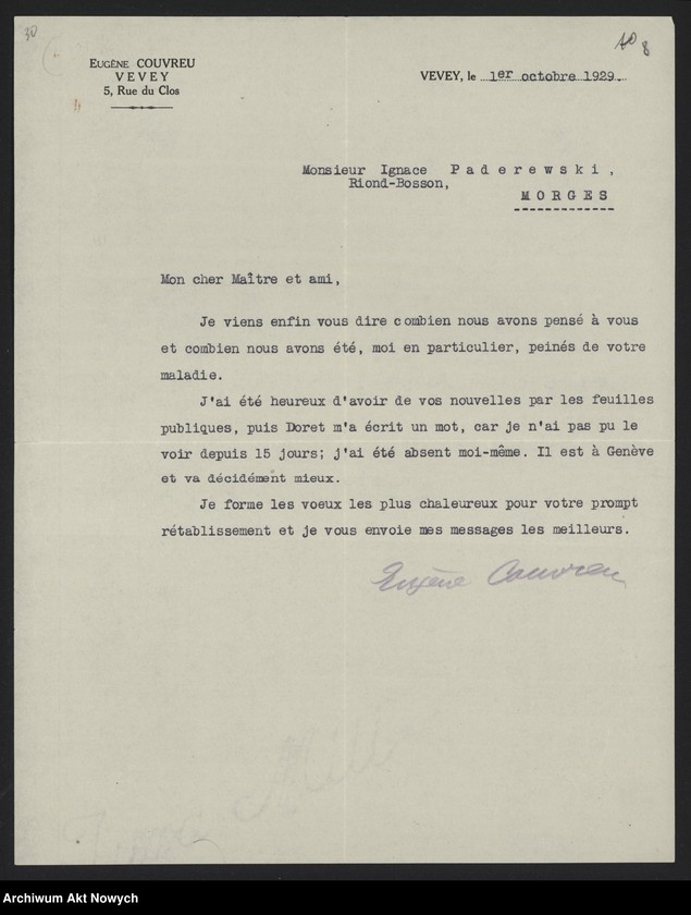image.from.unit.number "Couyreu Eugène; Załączniki: a) fotografia pomnika w Verey; b) tekst mowy wygłoszonej na cześć H. Sienkiewicza; Listy dotyczą uczczenia pamięci H. Sienkiewicza przez Szwajcarię; L.51"