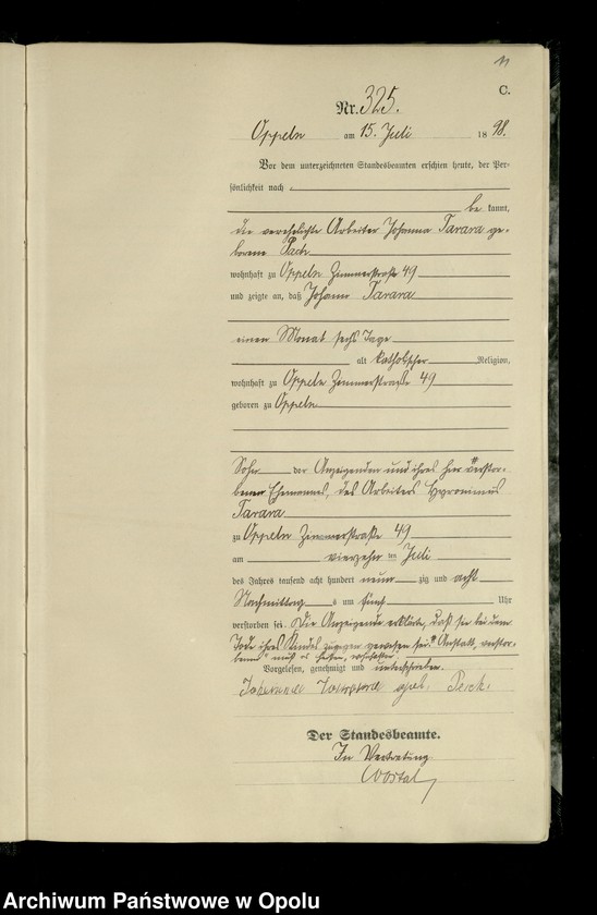 Obraz 14 z jednostki "Urząd Stanu Cywilnego w Opolu 1898 Rejestr zgonów Księga Miejscowa Nr 315 do 632"