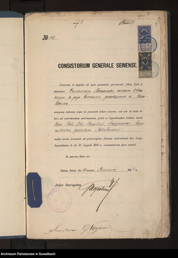image.from.unit.number "Dokumenty k aktam o brakosočetavšichsja po R.Kat. Prichodu Bakalarževo za 1908 god"