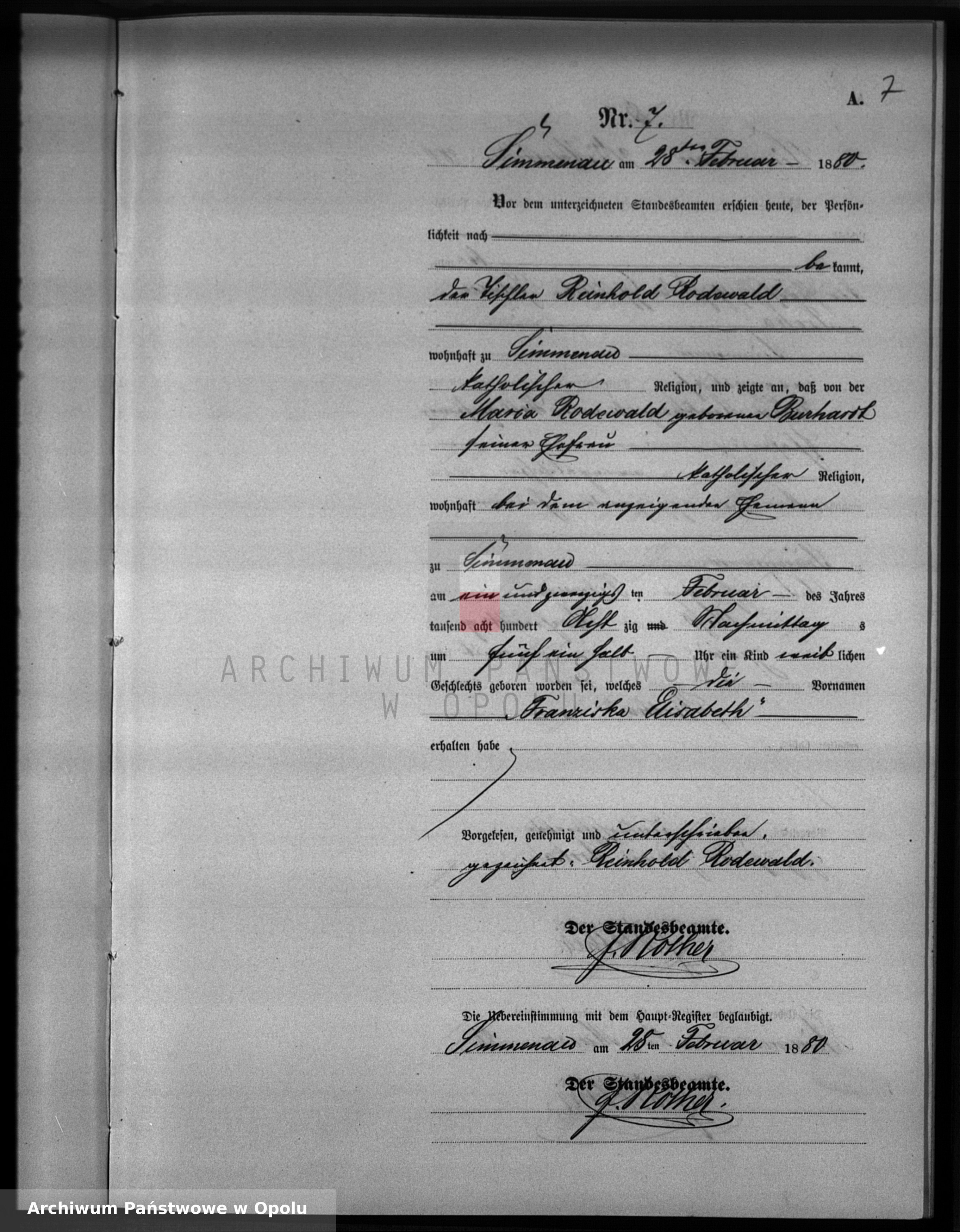 Skan z jednostki: Geburts-Neben-Register Standesamts Simmenau pro 1880