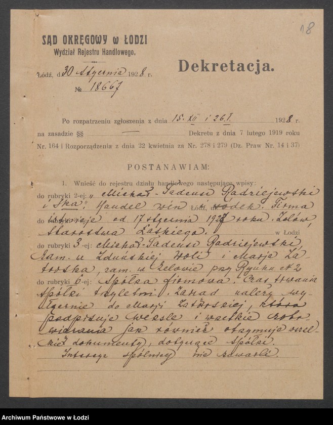 Obraz 20 z jednostki "Michał Tadeusz Radziejowski i S-ka- handel win i wódek z Zelowie"