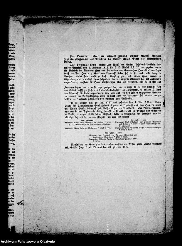 image.from.unit.number "/Fragmenty drukowanej genealogii Lehndorffów- Steinsort od 1539-1854 z nekrologiem K. Fr. L. Lehndorffa i poprawkami hr. Lehndorff- Preyl i h-ny Anny L. z d. Hahn/"