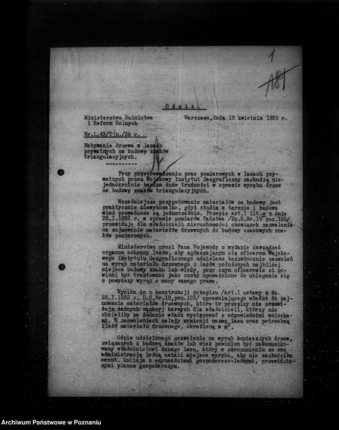 Obraz 5 z jednostki "/Nabywanie drewna w lasach prywatnych na budowę znaków triangulacyjnych- generalia, tajne/"