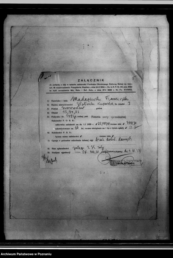 Obraz 9 z jednostki "Podania osadników z parcelacji polskiej o zmniejszenie zadłużenia na podstawie art. 16. rozporządzenia Prezydenta Rzeczpospolitej z dnia 24.X.1934 r. z terenu powiatu inowrocławskiego"