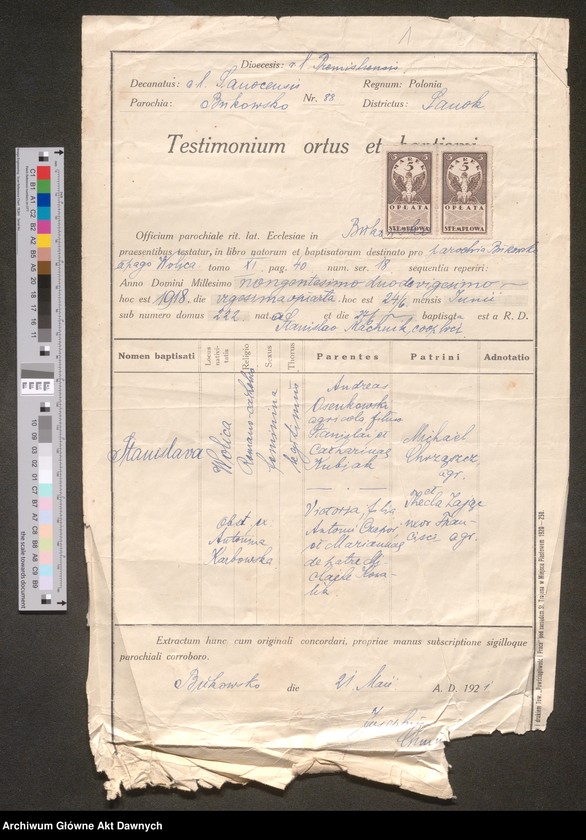 image.from.unit "Parafia: Bukowsko (pow. sanocki, woj. podkarpackie). Świadectwo urodzenia i chrztu, ur. 24 VI 1918 r. we wsi Wolica, wyst. przez proboszcza parafii."