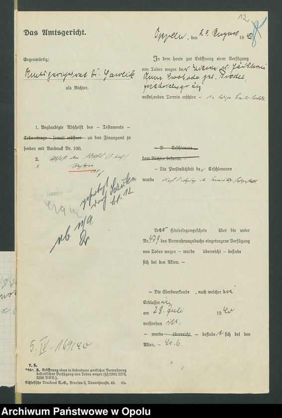 Obraz 16 z jednostki "Verfügung von Todes wegen der Anna Swoboda geb[oren] Bredel aus Friedrichsgrätz gestorben am 28.07.1940 zuletzt wohnhaft in Friedrichsgrätz."