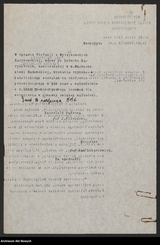 image.from.unit.number "Skrócenie 10 miesięcznego terminu zakazu wstąpienia w ponowne związki małżeńskie. Reskrypty Naczelnika Państwa, wnioski, korespondencja z Min. Wyznań Religijnych i Oświecenia Publicznego"