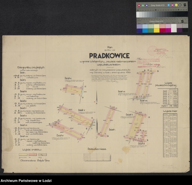 Obraz 1 z jednostki "Plan gruntów wsi Pradkowice w gminie Wielgomłyny, powiecie radomszczańskim ... położonych, scalonych na mocy orzeczenia Wojewódzkiej Komisji Ziemskiej z Łodzi z 4 XII 1936"