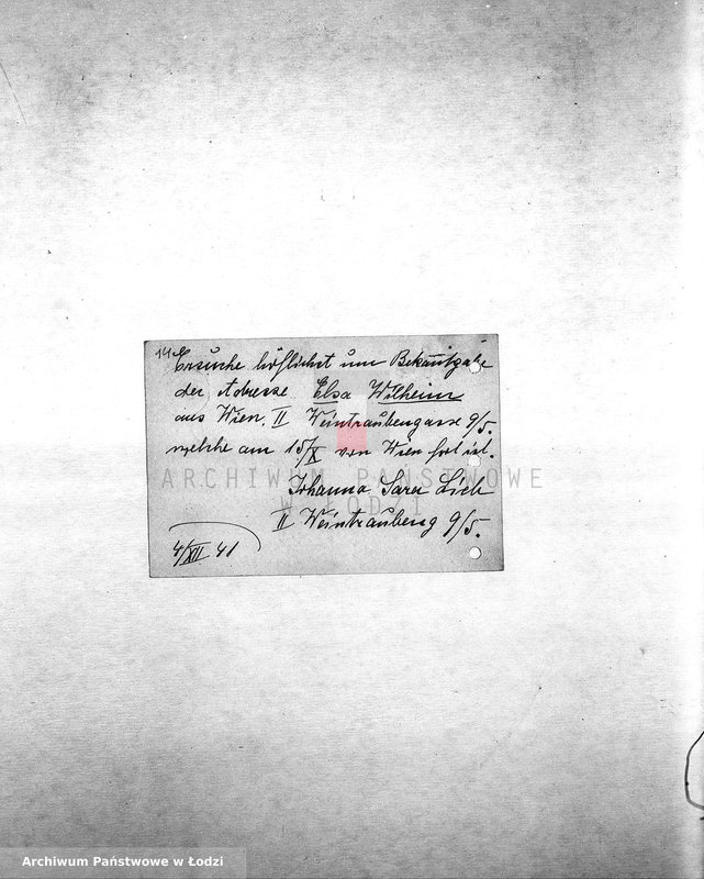 Obraz 16 z jednostki "[Korespondencja z osobami w różnych krajach w sprawie informacji o Żydach zamieszkałych w getcie łódzkim, wsiedlonych z Wiednia]"