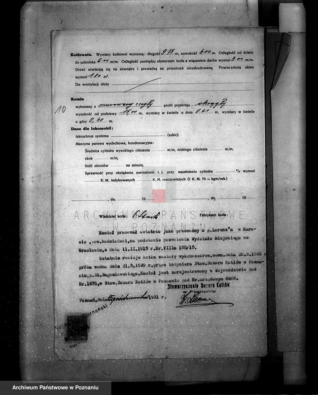 Obraz 14 z jednostki "Młyn parowy w Jasieniu pow. kościański własność O. Starke nadzór nad kotłami parowymi"