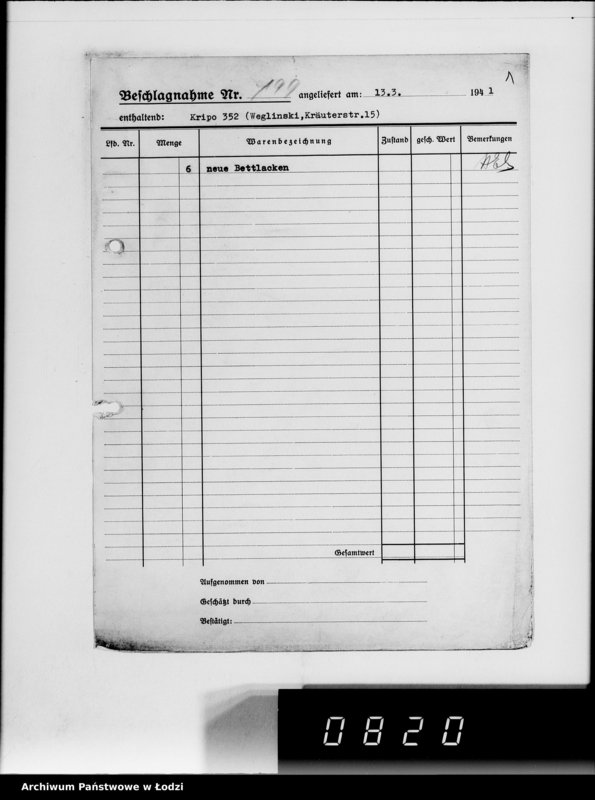 Obraz 5 z jednostki "Kripo.Unterlagen 1-199 [Kartoteka skonfiskowanego majątku ruchomego u Żydów]"