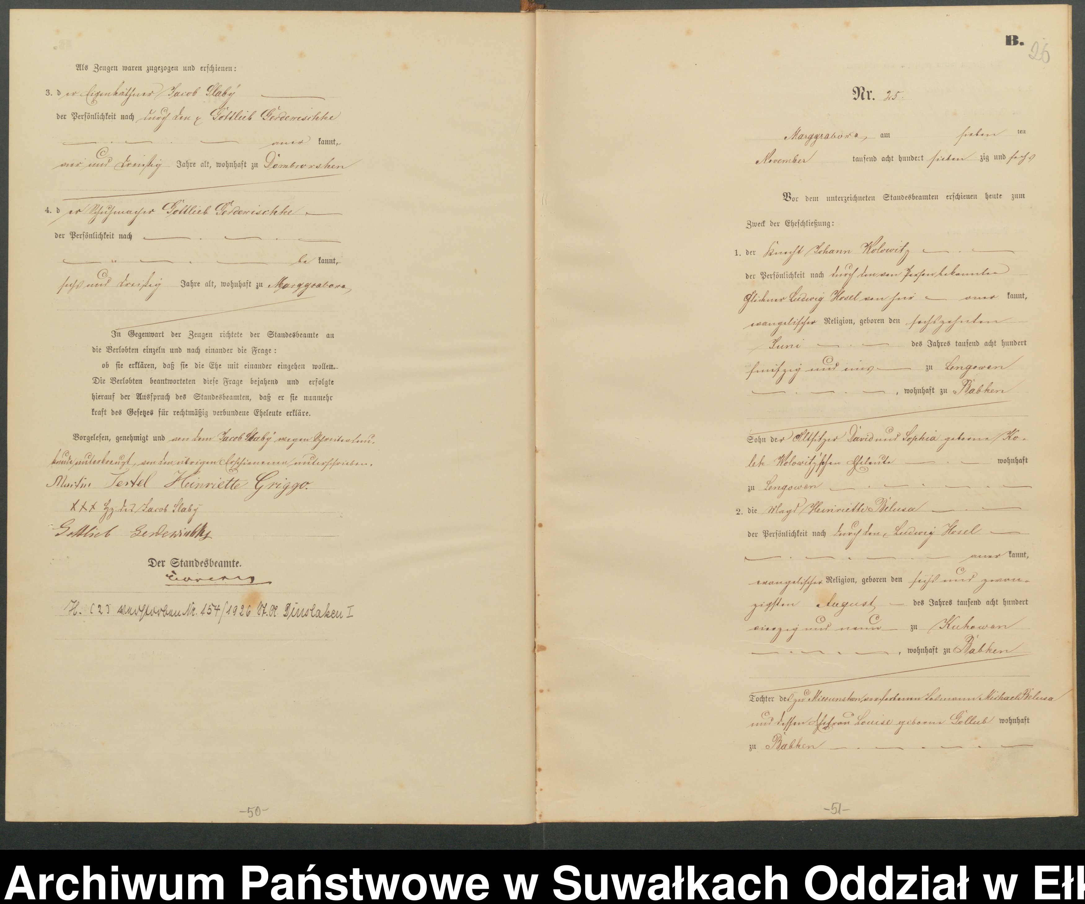 Skan z jednostki: Heiraths-Haupt-Register des Königlich Preussischen Standes-Amtes Landgemeinde Marggrabowa Kreis Oletzko
