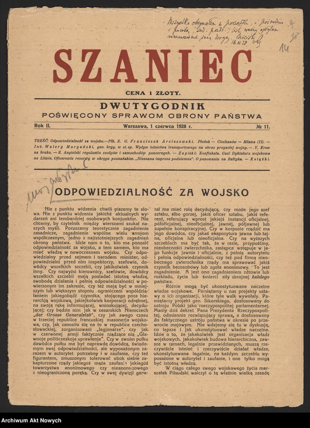 Obraz 14 z jednostki "Kot Stanisław, historyk, działacz Stronnictwa Ludowego. Sytuacja w Polsce. Kontakty polityków opozycyjnych. Pismo "Szaniec" nr 11 z 1928 r."