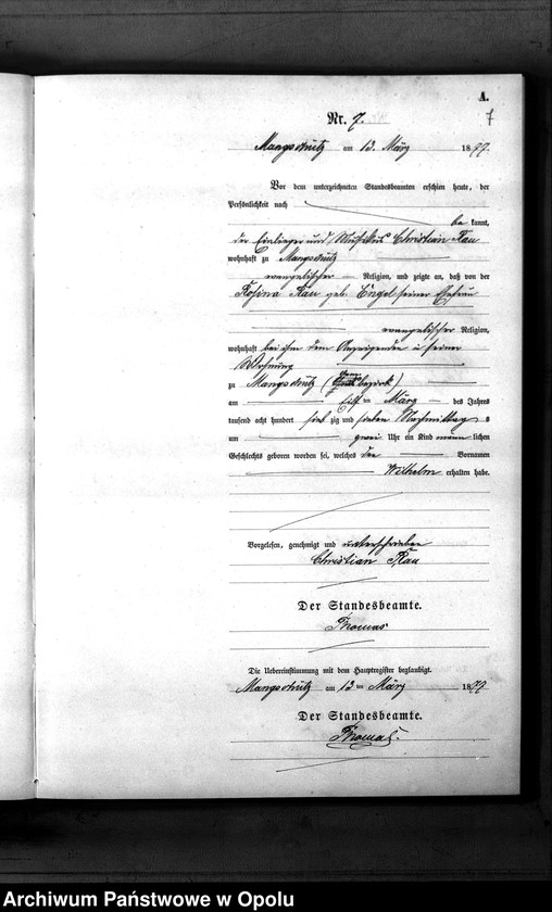 image.from.unit.number "Geburts-Neben-Register des Standesamts Mangschütz Kr.[eis] Brieg pro 1877"