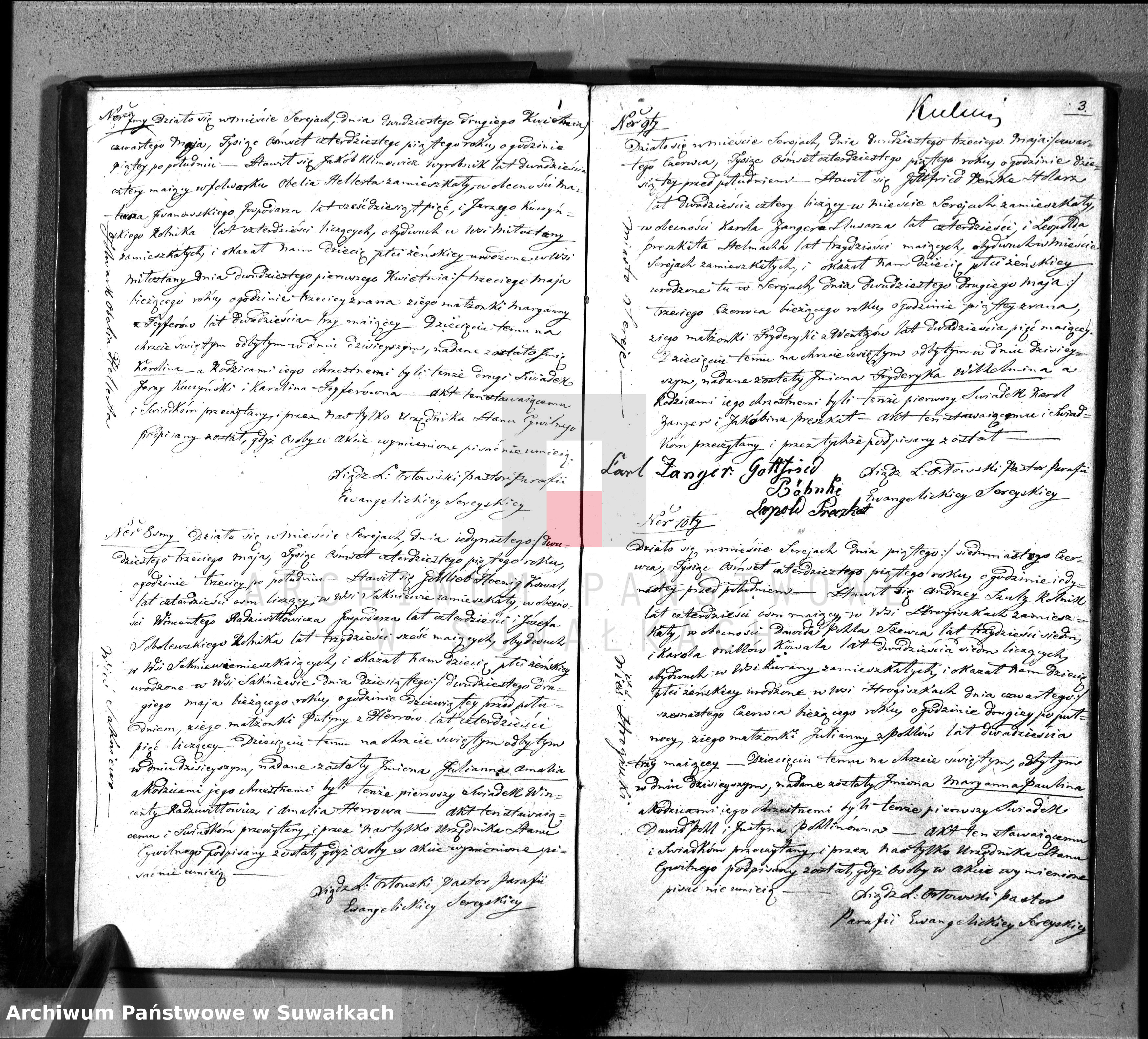 Skan z jednostki: Księga Duplikat do zapisywania aktów Urodzenia, Zaślubienia i Zeyścia w Parafii Ewangelickiey Sereyskiey w roku 1845