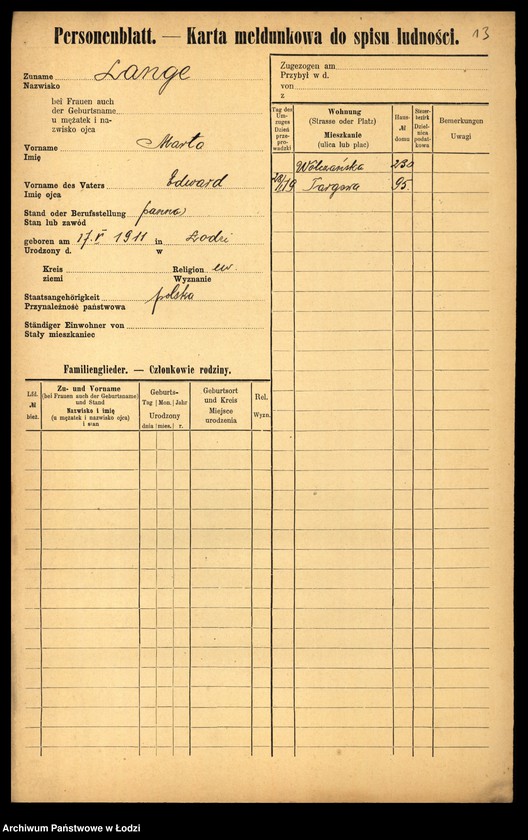 Obraz 15 z jednostki "[Spis ludności Łodzi] Lange - Langner"