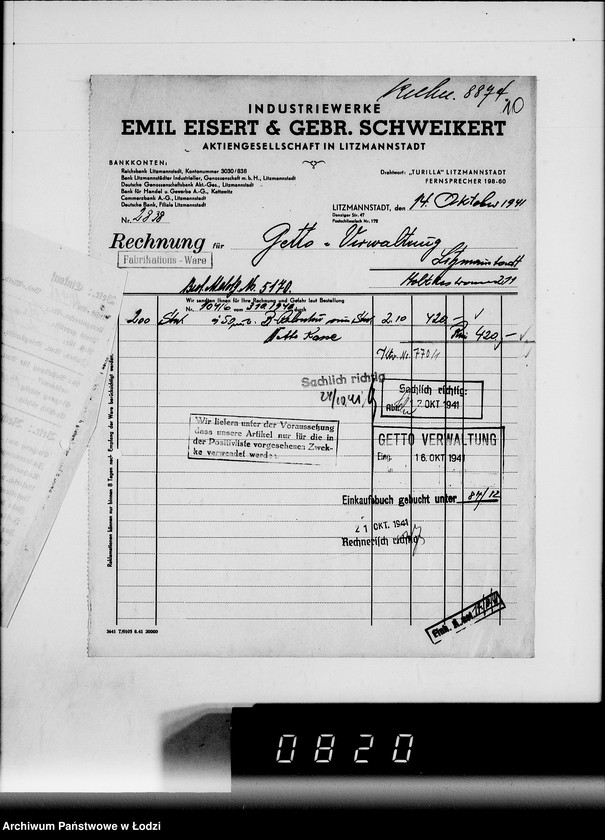 Obraz 14 z jednostki "E. Rechnungen [za dostawy towarów spoza Getta]"