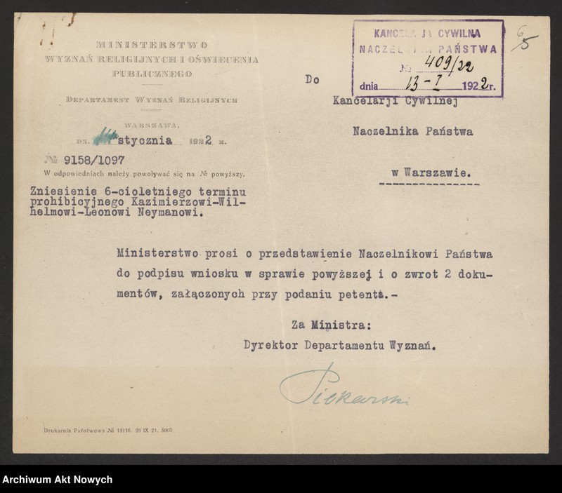 image.from.unit.number "Zniesienie wyroków Ewangelickich Sądów Konsystorskich: Augsburskiego i Reformowanego, o sześcioletnim terminie zakazu wstąpienia w ponowne związki małżeńskie oraz zakazu 10 miesięcznego.Reskrypty Naczelnika Państwa, wnioski, korespondencja z Min. Wyznań Religijnych i Oświecenia Publicznego"