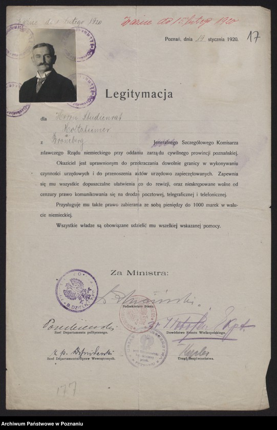 Obraz 19 z jednostki "[Egzemplarz legitymacji wydanych przez polskie władze komisarzom niemieckim dla oddania zarządu cywilnego prowincji poznańskiej]"