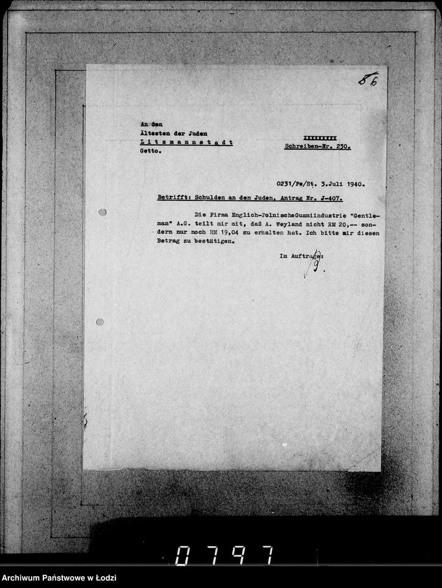 Obraz 10 z jednostki "J[uden] 406-420 [Wnioski Żydów z Getta o zwrot należności za pracę lub towar wzięty na kredyt]"