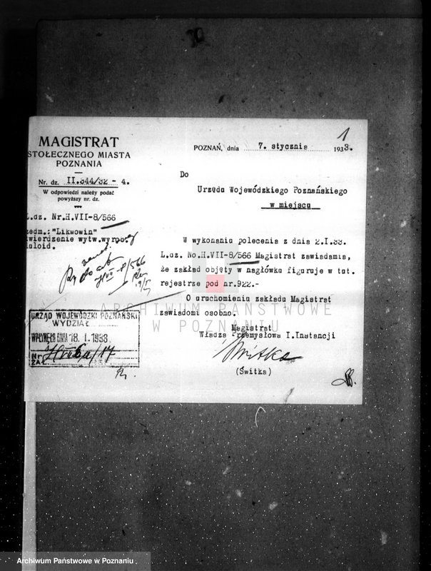 image.from.unit.number "Zatwierdzenie wytwórni z celuloidu Firmy "Likwowin" w Poznaniu nr 566"