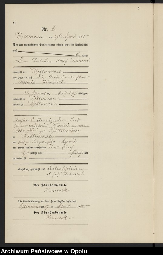 Obraz 10 z jednostki "Sterbe-Neben-Register Standesamts Dittmerau pro 1905"