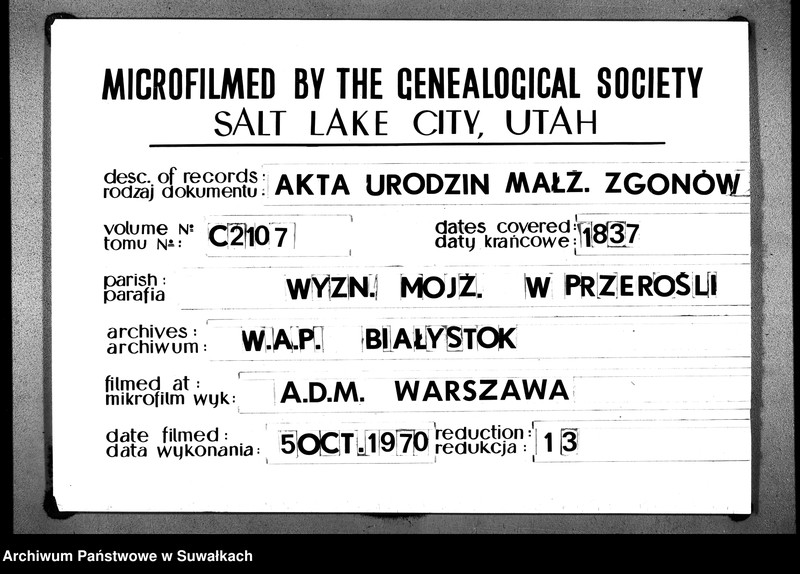 image.from.unit.number "Akta Urzędnika Stanu Cywilnego Parafii Przerośl Starozakonnych, Urodzonych, Zmarłych i Zaślubionych na 1837 rok"