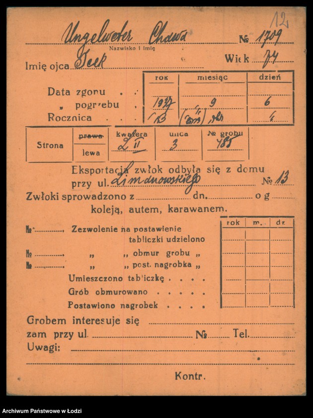 Obraz 13 z jednostki "Kartoteka osób pochowanych na cmentarzu żydowskim przy ulicy Brackiej w latach 1892-1944. Nazwiska na literę U"