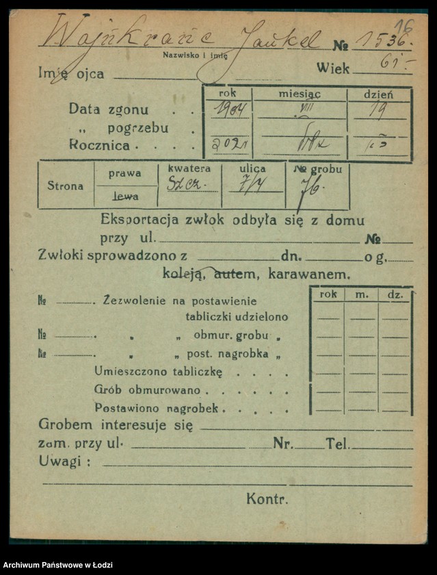 Obraz 17 z jednostki "Kartoteka osób pochowanych na cmentarzu żydowskim przy ulicy Brackiej w latach 1892-1958. Nazwiska na litery: Wajnh-Wajs"