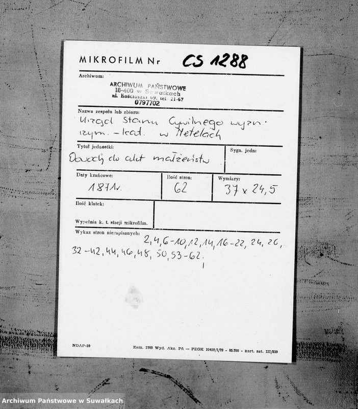 Obraz 2 z jednostki "Dokazatelstva K Knigam aktov Graždanskago sostojanija o brakosočetavšichsja v 1871 godu Rimsko-Katoličeskago Prichoda Metele"