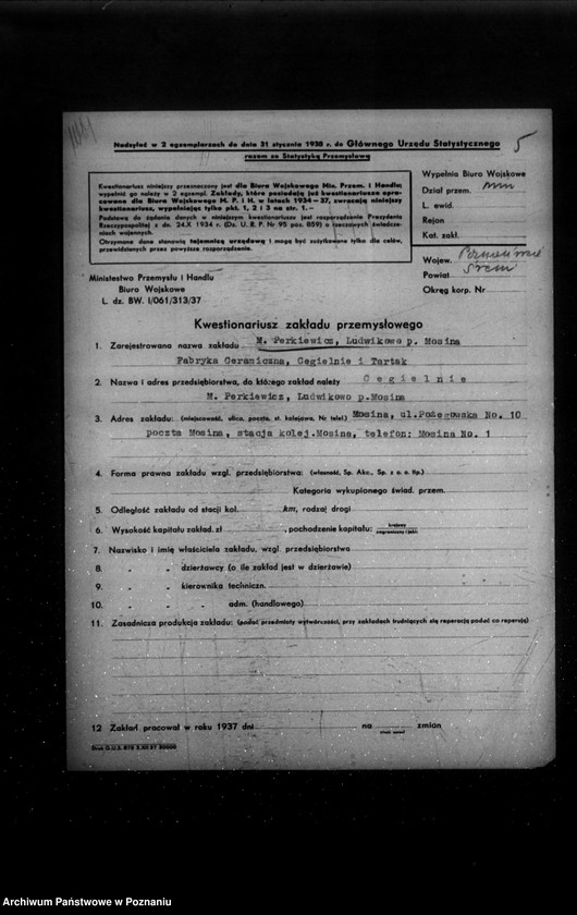 Obraz 9 z jednostki "Kwestionariusz Fabryki ceramicznej , cegielni i tartaku M. Perkiewicza w Ludwikowie powiat śremski"