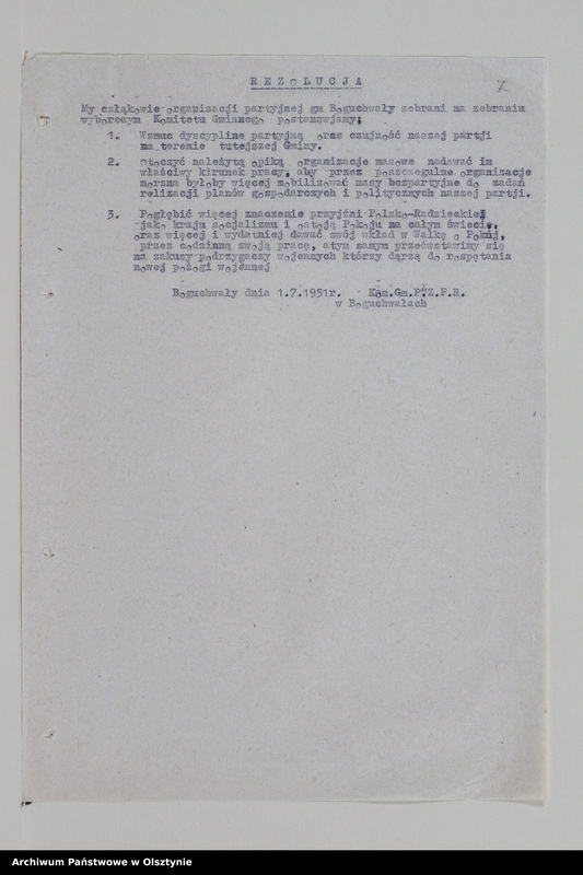 image.from.unit.number "Protokoły zebrań wyborczych i walnych zebrań członków /1951/, posiedzeń plenarnych ,egzekutywy, narad aktywu partyjnego, sprawozdania, ankiety sprawozdawcze /1949-1954/ Komitetu Gminnego PZPR"