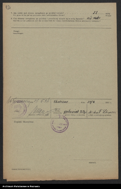 Obraz 11 z jednostki "[Kwestionariusze dotyczące stwierdzenia gruntów znajdujących się po niemieckiej stronie pogranicza a zarządzanych przez zamieszkałych po stronie polskiej] powiat leszczyński"