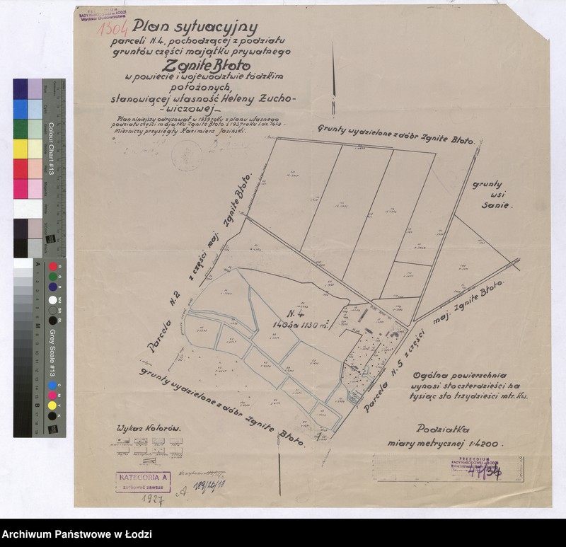 Obraz 1 z jednostki "Plan sytuacyjny parceli numer 4 pochodzącej z poddziału gruntów części majątku prywatnego Zgniłe Błoto w powiecie i województwie łódzkim położonych, stanowiącej własność Heleny Żuchowiczowej"