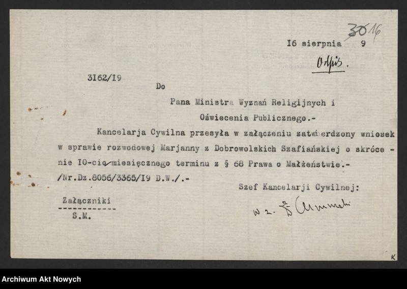 image.from.unit.number "Skrócenie 10 miesięcznego terminu zakazu wstąpienia w ponowne związki małżeńskie. Reskrypty Naczelnika Państwa, wnioski, korespondencja z Min. Wyznań Religijnych i Oświecenia Publicznego"